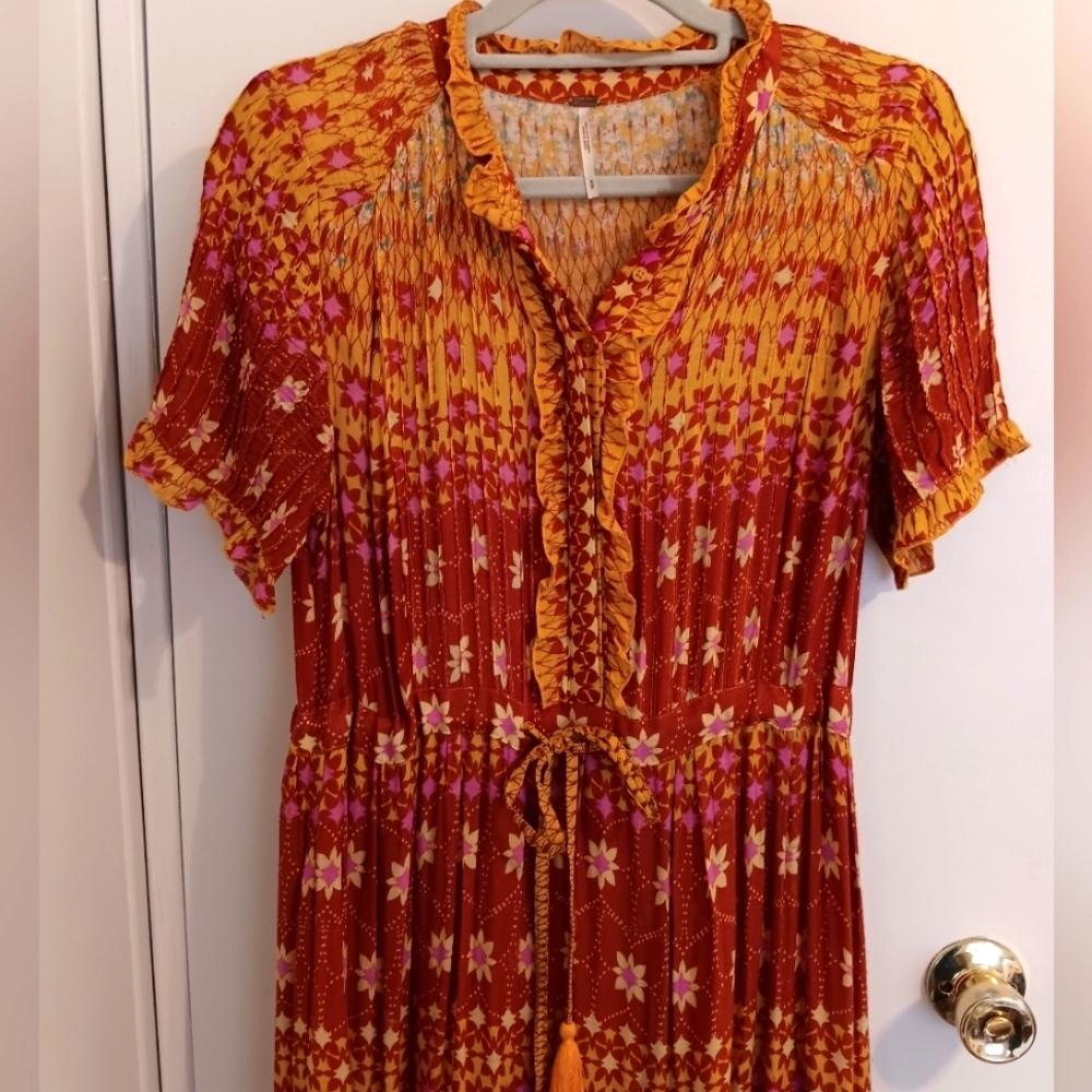 Free People Floral Rare Feelings Maxi Dress Orange & Fuchsia Boho Print Gauze - Picture 4 of 13